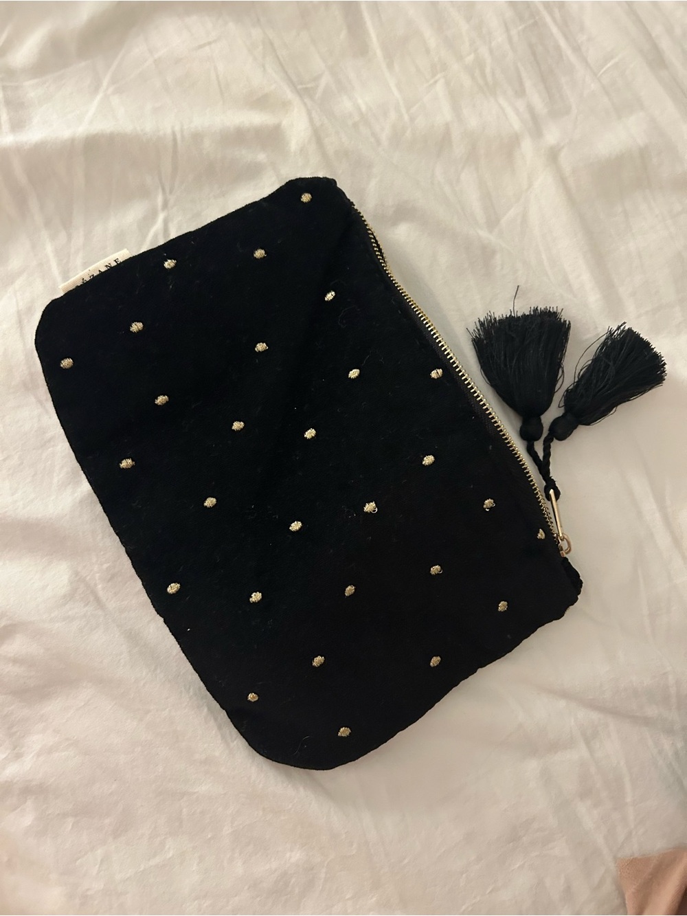 Sezane Black Velvet Pouch with Gold Dot Embellishment and Tassels